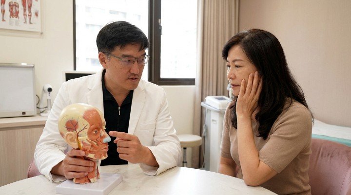 臉部老化示意圖：骨架流失與軟組織移位造成輪廓鬆弛 不同膠原蛋白增生劑產品比較圖：童顏針、艾麗斯、精靈針、喬雅露 吳紹琥醫師講解膠原蛋白增生劑施打的關鍵支撐點
