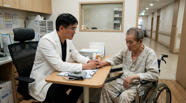 醫師溫暖握住長者雙手展現醫療陪伴 醫病共同討論筆記本落實醫療陪伴 志工陪伴病患候診傳遞醫療陪伴溫度 專業醫療團隊會議討論醫療陪伴系統