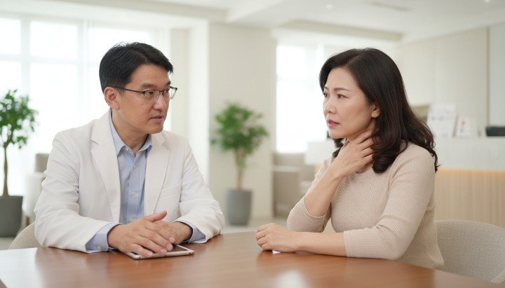 職場女性在會議中因職場更年期熱潮紅而感到流汗尷尬 吳紹琥醫師說明職場更年期導致體溫調節失靈的生理機制 職場更年期女性實施洋蔥式穿法與使用降溫小物緩解不適 專業醫師為職場更年期患者進行荷爾蒙療法評估與諮詢