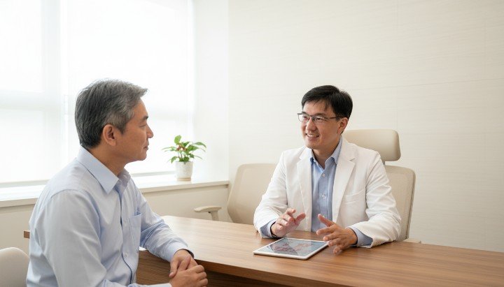 [1] 醫師正在診間進行醫學美容看診準備說明 [2] 穿著寬鬆衣物進行醫學美容看診準備諮詢 [3] 素顏患者接受專業醫學美容看診準備評估 [4] 填寫過往經驗落實醫學美容看診準備細節