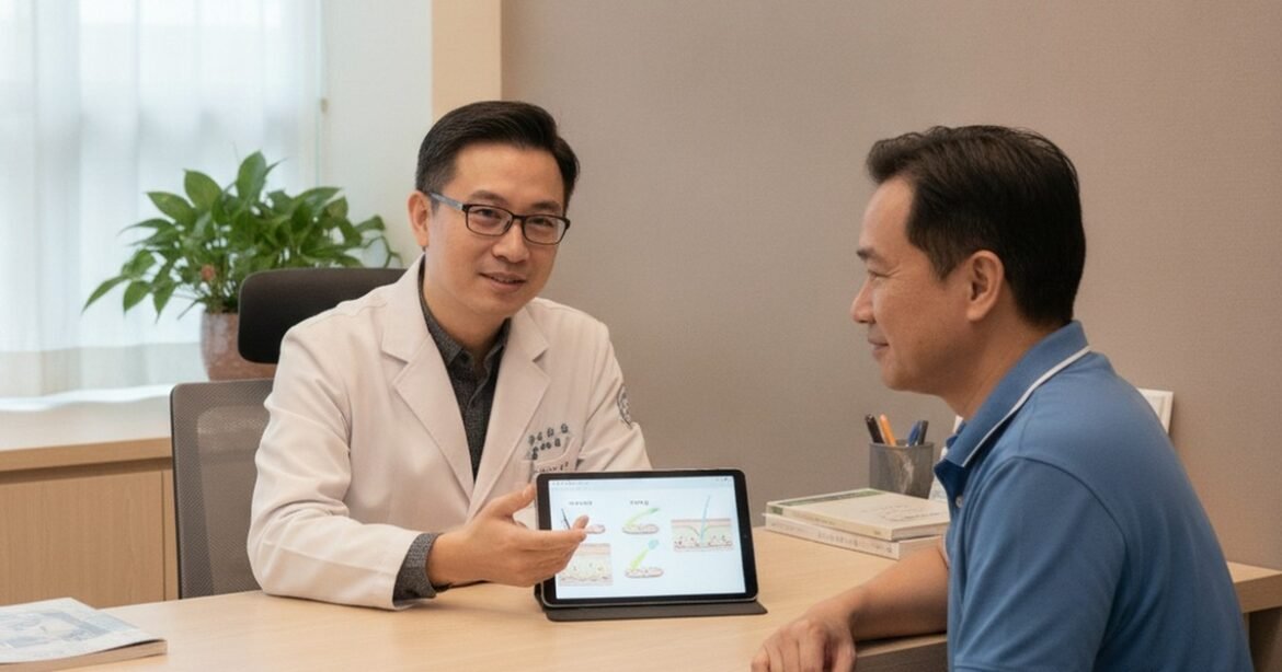 吳芮醫師為男性介紹膠原蛋白增生針，改善臉部線條與鬆弛。