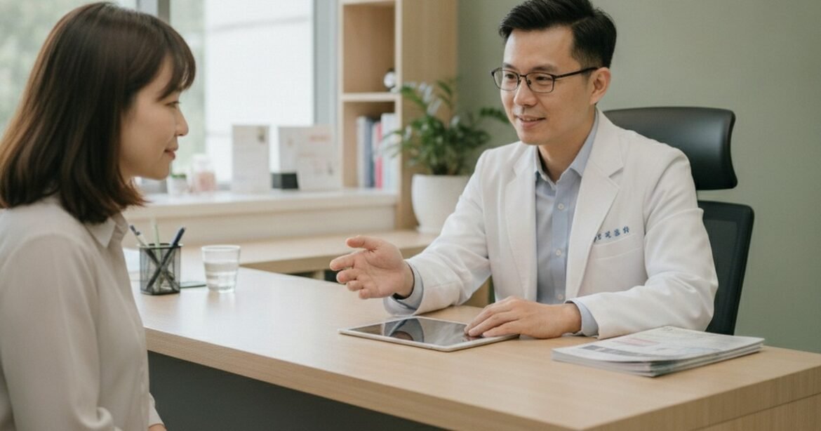 在明亮診間中，吳芮醫師正專注地向患者介紹極線音波入門教學，桌面擺放著說明資料，氣氛專業。
